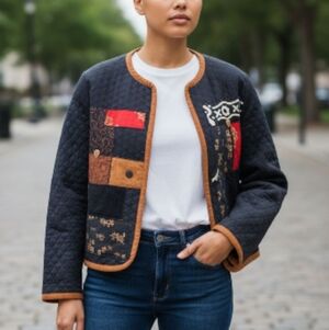 Beautiful Embroidered Patchwork Black Quilted Open Front Jacket. Large.
